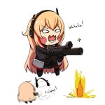  0w0 1girl :3 artist_name black_gloves black_jacket blonde_hair blush_stickers chibi commission exonessis explosion girls&#039;_frontline gloves gun hair_between_eyes headgear highres holding holding_gun holding_weapon jacket long_hair long_sleeves m4_sopmod_ii_jr motion_lines multicolored_hair multiple_views recoil red_hair simple_background smile standing star_(symbol) streaked_hair weapon white_background 