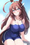  1girl ? ahoge animal_ears blue_eyes blue_one-piece_swimsuit blush breasts brown_hair cleavage commentary_request hair_between_eyes hairband highres horse_ears horse_girl horse_tail kibihimi large_breasts long_hair looking_at_viewer mihono_bourbon_(umamusume) one-piece_swimsuit solo swimsuit tail thighs tracen_swimsuit umamusume wet wet_clothes wet_swimsuit white_hairband 
