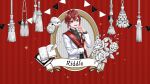  1boy black_eyes book character_name flower game_cg hedgehog highres jacket looking_at_viewer medium_hair official_art open_book open_mouth quill red_hair riddle_rosehearts rose solo teeth twisted_wonderland upper_body upper_teeth_only white_jacket 