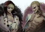  2boys abs artist_name bare_pectorals blonde_hair brothers cigarette coat collared_shirt detached_hood donquixote_doflamingo donquixote_rocinante fur_coat heart heart_print highres hood jaguar_print makeup male_focus multiple_boys nipples one_piece open_clothes open_shirt pectoral_cleavage pectorals pink_coat profile red-tinted_eyewear red_hood shirt short_hair siblings simple_background smile smoke smoking sunglasses thread tinted_eyewear white_background white_shirt wosara 
