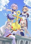  4girls :d ^_^ absurdres anchor animal_ears armpits ass ayanami_(azur_lane) azur_lane beret black_choker blue_skirt blue_sky breasts brown_hair choker cleavage closed_eyes cloud cloudy_sky collarbone commentary_request cross_hair_ornament crown english_text fake_animal_ears gloves grey_hair hair_between_eyes hair_ornament hairband hairclip hand_on_own_hip hat headgear highres holding javelin_(azur_lane) laffey_(azur_lane) leaning_forward long_hair long_sleeves looking_at_viewer luren_nanzhu mini_crown multiple_girls navel orange_eyes outdoors pleated_skirt ponytail purple_eyes purple_hair rabbit_ears red_eyes retrofit_(azur_lane) school_uniform serafuku short_hair sidelocks sitting skirt sky sleeveless smile stomach thighhighs twintails white_gloves white_thighhighs z23_(azur_lane) zettai_ryouiki 