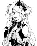  1girl blush boyano braid candy double_bun eighth_note food greyscale hair_bun hair_intakes highres holding holding_candy holding_food holding_lollipop licking lollipop long_hair looking_at_viewer magia_record:_mahou_shoujo_madoka_magica_gaiden magical_girl mahou_shoujo_madoka_magica monochrome musical_note open_mouth shirt smile solo tongue tongue_out twintails upper_body white_background yakumo_mikage 
