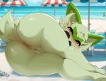  absurd_res anthro anus ashraely beach biped brown_eyes butt detailed_background female fur generation_9_pokemon genitals green_body green_fur hi_res looking_at_viewer nintendo pokemon pokemon_(species) pussy seaside solo sprigatito 