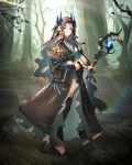  1girl absurdres arknights belt black_bag black_belt black_dress blue_ribbon blurry bracelet brown_hair chinese_commentary commentary demon_horns dress earrings flower forehead_jewel forest full_body grey_eyes hair_flower hair_ornament high_heels highres holding holding_staff holding_weapon horns huajiaohaibao jewelry leaf long_hair long_sleeves mole mole_under_mouth nature pointy_ears rainbow_background ribbon simple_background staff standing sunlight tattoo thighhighs torn_clothes torn_thighhighs tree valarqvin_(arknights) weapon white_flower white_footwear 