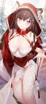  1girl absurdres animal_ears blush borrowed_character breasts brown_hair cleavage closed_mouth hair_ornament highres hood hood_up large_breasts long_hair long_sleeves looking_at_viewer neonbeat smile solo symbol-shaped_pupils thighs 