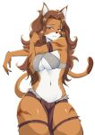  2023 aboart00 anthro armband bottomwear breasts brown_hair chaotic clothing female fur hair hi_res intress loincloth long_hair looking_at_viewer mammal midriff narrowed_eyes navel orange_body orange_fur overworlder_(species) solo stretching topwear white_body white_fur 