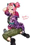  1girl animal_print arm_behind_head bat_print belt black_shirt breasts cargo_pants character_name demon_girl demon_horns duel_monster holding holding_microphone horns jacket large_breasts microphone muckraker_from_the_underworld one_eye_closed open_clothes open_jacket pants pink_hair pointy_ears purple_eyes sharp_teeth shirt shoes short_ponytail simple_background sitting solo teeth tsukinami_kousuke wariza white_background yu-gi-oh! 