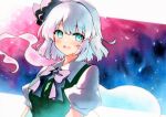  1girl :d black_bow black_bowtie black_hairband black_ribbon bow bowtie commentary_request green_eyes green_vest hair_ribbon hairband highres konpaku_youmu konpaku_youmu_(ghost) looking_at_viewer open_mouth puffy_short_sleeves puffy_sleeves qqqrinkappp ribbon shirt short_hair short_sleeves smile solo touhou traditional_media upper_body vest white_hair white_shirt 
