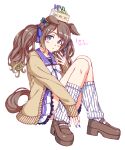  1girl animal_ears black_bow blue_eyes blush bow brown_cardigan brown_footwear brown_hair brown_tail cake cardigan character_request ear_bow food hamao happy_birthday highres horse_ears horse_girl horse_tail long_hair looking_at_viewer purple_shirt purple_skirt sailor_collar school_uniform shirt sitting skirt socks solo striped striped_socks tail tracen_school_uniform translation_request twintails umamusume vertical-striped_socks vertical_stripes white_socks 