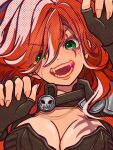  1girl absurdres black_gloves breast_tattoo breasts cleavage fangs fingerless_gloves fingernails gloves green_eyes hair_between_eyes highres katarina_(league_of_legends) kawaguti_kappa large_breasts league_of_legends light_blush long_hair looking_at_viewer open_mouth red_hair smile solo tattoo teeth upper_body 