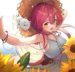  1girl absurdres ahoge blush breasts cat collarbone dress english_commentary flower green_eyes hair_over_shoulder hat hat_tug highres hololive jewelry large_breasts long_hair looking_at_viewer lovelyme necklace open_mouth pink_hair sakura_miko simple_background sleeveless sleeveless_dress smile solo straw_hat sun_hat sundress sunflower upper_body virtual_youtuber white_background white_cat white_dress 