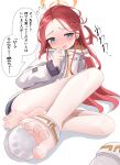  1girl absurdres bare_legs barefoot blue_archive blue_eyes blush braid eyelashes feet foot_focus footprints forehead foreshortening greek_toe hand_up highres hood hooded_jacket jacket knee_up leaning_to_the_side long_hair long_sleeves looking_at_viewer lts_kakuyo on_ground open_mouth red_hair sandals sandals_removed simple_background single_sandal sitting soles solo sound_effects speech_bubble spread_toes thighs toe_scrunch toenails toes translation_request white_background white_footwear white_jacket yuzu_(blue_archive) 