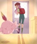  1girl :d artist_name backpack bag character_request digimon digimon_adventure_02 door flying_sweatdrops from_behind gdn0522 glasses green_socks highres indoors inoue_miyako kneehighs long_hair looking_back pink_hair red_bag red_headwear short_sleeves smile socks sweat sweatdrop wooden_floor 