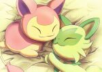  :3 absurdres closed_eyes closed_mouth commentary green_fur highres lily_(tefp4757) lying no_humans on_bed on_side pink_fur pokemon pokemon_(creature) skitty sleeping sprigatito 