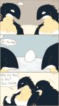  anthro avian beak bird black_body black_feathers comic dialogue digital_media_(artwork) egg feathers hi_res humanoid male motion_lines pegu2726 penguin scar simple_background snow speech_bubble white_body white_feathers 