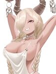  1girl armpits arms_behind_head arms_up azur_lane blonde_hair braid breasts brown_horns dark-skinned_female dark_skin dress gown hair_over_one_eye highres horns jewelry lam_b large_breasts long_hair looking_at_viewer mole mole_under_mouth necklace owari_(azur_lane) presenting_armpit revealing_clothes sideboob simple_background smile solo twin_braids very_long_hair white_background white_dress yellow_eyes 