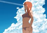  1girl bikini blue_sky braid breasts cleavage cleavage_cutout clothing_cutout cloud commentary_request ebata_kyouhei grey_bikini groin hair_over_shoulder highres lowleg lowleg_bikini navel number_tattoo orange_hair original profile red_eyes shoulder_tattoo single_braid sky small_breasts solo swimsuit tattoo 