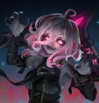  1girl ahoge belt black_belt breasts briar_(league_of_legends) colored_sclera colored_skin detached_sleeves fingernails glowing glowing_eyes grey_hair hair_between_eyes league_of_legends long_hair looking_at_viewer masshiro_(user_vdku2222) medium_breasts multicolored_hair night night_sky no_pupils outdoors pink_hair pointy_ears red_sclera sharp_fingernails sharp_teeth sidelocks sky smile solo star_(sky) streaked_hair teeth tongue tongue_out two-tone_hair upper_body vampire white_eyes wrist_cuffs 