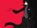  1boy amamiya_ren black_background black_coat black_eyes black_gloves black_hair black_pants coat eye_mask gloves hand_in_pocket high_collar long_sleeves male_focus open_clothes open_coat pants persona persona_5 profile red_background simple_background solo two-tone_background white_mask wl8tca 