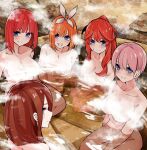  5girls bath bathing blue_eyes blush breasts clenched_teeth closed_mouth collarbone completely_nude convenient_censoring go-toubun_no_hanayome hair_ribbon highres long_hair looking_at_viewer mame1645 medium_breasts multiple_girls nakano_ichika nakano_itsuki nakano_miku nakano_nino nakano_yotsuba nude onsen orange_hair partially_submerged pink_hair red_hair ribbon short_hair sitting smile steam steam_censor teeth water white_ribbon 