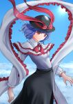  1girl black_headwear black_skirt bow capelet closed_mouth cloud commentary_request frilled_capelet frilled_shawl frills hat hat_bow highres kyabekko long_sleeves looking_at_viewer nagae_iku outdoors red_bow red_eyes shawl shirt skirt smile sun touhou white_shirt 