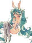 1girl :t animal_ears aqua_eyes aqua_hair blush boots crying crying_with_eyes_open fake_animal_ears fake_tail fukomo full_body hair_between_eyes hair_ornament hatsune_miku headband headphones long_hair playboy_bunny pout rabbit_ears rabbit_tail simple_background solo sparkle sweat tail tears thigh_boots twintails very_long_hair vocaloid white_background white_footwear 
