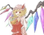  1girl ascot back_bow blonde_hair bow breasts crystal flandre_scarlet floating_hair foreshortening frilled_shirt_collar frills hands_up hat highres kashiwada_kiiho light_frown mob_cap one_side_up parted_lips perspective puffy_short_sleeves puffy_sleeves red_eyes red_skirt red_vest short_sleeves simple_background skirt skirt_set small_breasts solo touhou upper_body vest white_background wings yellow_ascot 
