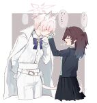  1boy 1girl akira_(blue_archive) animal_ear_fluff animal_ears blue_archive blush brown_hair cat_boy cat_ears cat_tail closed_eyes female_sensei_(blue_archive) genderswap genderswap_(ftm) gloves halo height_difference highres jacket jacket_on_shoulders kiss kissing_hand phantom_thief pink_hair sensei_(blue_archive) senta_(ysk_0218) short_ponytail tail white_gloves 