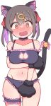  1girl 3: @_@ animal_ear_fluff animal_ears animal_hands arm_under_breasts bare_arms bell black_bra black_choker black_hair black_pantyhose blush bra breasts bridal_garter brown_eyes cat_cutout cat_ears cat_lingerie cat_tail choker clothing_cutout collarbone commentary copyright_name cosplay cowboy_shot embarrassed fang frilled_bra frilled_choker frilled_panties frills frown full-face_blush gloves groin hair_between_eyes hair_ornament hairclip highres jingle_bell lelex long_hair looking_at_viewer medium_breasts meme_attire multicolored_hair navel onii-chan_wa_oshimai! open_mouth oyama_mahiro oyama_mahiro_(cosplay) oyama_mihari panties pantyhose paw_gloves purple_hair skin_fang solo sweatdrop tail tail_bell tail_ornament twintails two-tone_hair underwear 
