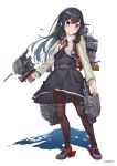  1girl absurdres anti-aircraft anti-aircraft_gun asashio_(kancolle) asashio_kai_ni_(kancolle) belt black_hair black_pantyhose blue_eyes blush buttons cannon crime_prevention_buzzer dress full_body highres jacket kantai_collection long_hair long_sleeves looking_at_viewer neck_ribbon pantyhose pinafore_dress red_ribbon ribbon sagoromo_04 school_uniform searchlight shadow shirt simple_background sleeveless sleeveless_dress solo torpedo_launcher torpedo_tubes turret white_background white_shirt 