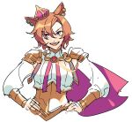  1girl animal_ears armor brooch cape corset cropped_torso crown ear_bar gocic highres horse_ears jewelry long_sleeves looking_at_viewer mini_crown open_mouth orange_hair pink_cape purple_eyes shirt short_hair shoulder_armor simple_background sketch smile solo t.m._opera_o_(umamusume) umamusume upper_body v-shaped_eyebrows white_background white_shirt 