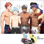  !? 1girl 4boys abs arm_wrestling baseball_cap belt black_hair black_pants blonde_hair blue_hair blue_pants cape chest_tattoo closed_eyes commentary cynthia_(pokemon) dynamax_band emphasis_lines english_commentary english_text facial_hair flying_sweatdrops goatee goro_orb grey_belt grey_pants grin hand_in_pocket hands_on_own_hips hat highres jewelry kukui_(pokemon) lance_(pokemon) leggings leon_(pokemon) multiple_boys multiple_rings muscular muscular_male navel nipples pants pectorals pokemon pokemon_(game) pokemon_dppt pokemon_hgss pokemon_oras pokemon_sm pokemon_swsh purple_hair red_cape red_hair ring scar scar_on_chest short_hair shorts smile sparkle speech_bubble spiked_hair spoken_interrobang steven_stone sunglasses sweat tattoo teeth topless_male trembling twitter_username white_shorts wristband 