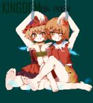  2girls aki_minoriko aki_shizuha arm_up artist_name bare_legs barefoot blush bound bound_wrists breasts brown_eyes brown_hair collared_dress collared_shirt dress eyelashes feathers feet flower full_body green_background hair_between_eyes hair_ornament hat hat_flower highres kingdom_(user_ysav4824) knee_up leaf_hair_ornament legs looking_at_viewer medium_hair multiple_girls on_ground open_mouth orange_dress orange_headwear orange_shirt orange_skirt pixel_art shirt single_sleeve sitting skirt sleeveless sleeveless_dress small_breasts soles thighs tickling toes touhou 