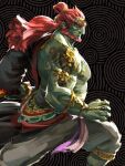  1boy armlet bara beard bracelet brown_background brown_eyes closed_mouth earrings facial_hair faux_traditional_media from_side ganondorf grey_pants highres jewelry knee_up large_pectorals looking_ahead male_focus multiple_earrings muscular muscular_male official_art pants pectorals ponytail red_hair rehydrated_ganondorf ring shoulder_tattoo takumi_wada tattoo the_legend_of_zelda the_legend_of_zelda:_tears_of_the_kingdom 