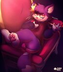  absurd_res anthro biped blush bulge chair clothing crown domestic_cat felid feline felis fur furniture glowing glowing_eyes headgear hi_res hoodie male mammal multicolored_body multicolored_fur pawpads paws sitting solo throne topwear underwear zandermaple 