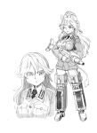  1girl :o animal_ears backpack bag black_hair black_necktie blonde_hair breasts chestnut_mouth extra_ears full_body garrison_cap greyscale hannelore_kummel hat holding holding_weapon large_breasts lion_ears lion_girl lion_tail long_hair mecha_musume mechanical_legs medium_breasts military_uniform monochrome multiple_views necktie nogami_takeshi official_art open_mouth panties rabbit_ears rabbit_girl rabbit_tail solo standing strike_witches_(lionheart_witch) sweatdrop tail tsurime underwear uniform wavy_hair weapon 