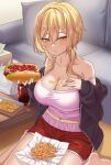  1girl absurdres bare_shoulders blonde_hair bread breasts cleavage collarbone couch custard food genshin_impact highres holding holding_food hot_dog ketchup large_breasts lumine_(genshin_impact) navel o-los parted_lips sandwich shirt shorts sitting soda sweater wariza yellow_eyes 