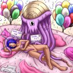  ambiguous_gender antennae_(anatomy) balloon bed blep blue_eyes blue_hair bobbydando breast_squish breasts brush duo english_text entwined_tails facial_markings fairies_vs_tentacles female furniture genitals hair head_markings hi_res humanoid inflatable markings myri_(fvt) navel nihallaks_(species) nipples nude paintbrush pillow purple_body pussy squish tail tail_coil tailed_humanoid tentacle_monster tentacles text tongue tongue_out zak_(fvt) 