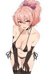  1girl absurdres bikini black_bikini blush breasts cleavage collarbone halterneck highres idolmaster idolmaster_cinderella_girls jougasaki_mika large_breasts looking_at_viewer open_mouth pink_hair seihekiog simple_background smile solo swimsuit white_background yellow_eyes 