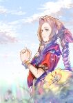  1girl aerith_gainsborough bangle blue_sky blurry blurry_foreground bracelet braid braided_ponytail brown_hair cloud cloudy_sky cropped_jacket dress final_fantasy final_fantasy_vii final_fantasy_vii_remake flower grass green_eyes hair_ribbon highres jacket jewelry lily_(flower) long_hair looking_afar outdoors own_hands_clasped own_hands_together parted_bangs pink_dress pink_ribbon red_jacket ribbon short_sleeves sidelocks single_braid sky smile solo upper_body usapenpen2019 wavy_hair yellow_flower 