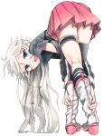  1girl aqua_eyes ass ass_focus ass_peek asymmetrical_legwear bent_over boots braid cevio crossed_legs from_behind half-closed_eyes hands_on_own_legs highres ia_(vocaloid) kneehighs long_hair looking_at_viewer looking_back open_mouth pink_nails pink_skirt single_kneehigh single_sock single_thighhigh skirt socks solo teeth thigh_strap thighhighs twin_braids uneven_legwear upper_teeth_only very_long_hair vocaloid white_background white_footwear white_hair yunuki_uta 