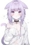  1girl animal_ears blush breasts cat_ears cat_girl cat_tail cleavage collar ears_down heart highres hololive large_breasts long_sleeves looking_at_viewer medium_hair naked_shirt nekomata_okayu nekomata_okayu_(4th_costume) purple_eyes purple_hair purple_ribbon ribbon shirt tail user_cmnj7788 virtual_youtuber white_background white_shirt 