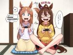  2girls ^_^ anger_vein angry animal_ears bare_legs barefoot bike_shorts bike_shorts_under_shorts blue_eyes brown_hair closed_eyes commentary_request controller crossed_bandaids domino_mask double-parted_bangs drawstring ear_ribbon el_condor_pasa_(umamusume) eye_mask full_body game_controller grass_wonder_(umamusume) hair_between_eyes hands_up highres holding holding_controller holding_game_controller hood hood_down hoodie horse_ears horse_girl horse_tail knees_apart_feet_together laughing long_hair long_sleeves mask multiple_girls open_mouth playing_games profanity red_shorts seiza shirt shorts shorts_under_shorts shouting side-by-side sitting skirt smile tail toenails toes translation_request tussy umamusume v-shaped_eyebrows very_long_hair yellow_hoodie yellow_skirt 