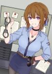  1girl ammunition_pouch aviator_sunglasses belt black_pantyhose blue_necktie blue_shirt blue_skirt blush breasts brown_hair choker cleavage cowboy_shot cuffs from_above girls&#039;_frontline gotoo grizzly_mkv_(elite_on_patrol)_(girls&#039;_frontline) grizzly_mkv_(girls&#039;_frontline) hair_ornament hairclip hand_on_own_hip handcuffs highres holding holding_handcuffs indoors jewelry large_breasts looking_at_viewer loose_necktie medium_hair necklace necktie open_mouth pantyhose papers pouch purple_eyes shirt shirt_tucked_in skirt sleeves_rolled_up smile solo sunglasses unworn_eyewear wristband 
