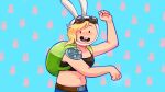  adventure_time:fionna_and_cake animal_ears backpack bag belt black_bra blonde_hair blue_shorts bra buck_teeth clenched_hands easy_breezy eizouken_ni_wa_te_wo_dasu_na! english_commentary fake_animal_ears fionna_the_human_girl green_bag highres looking_at_viewer midriff navel no_shirt open_mouth rabbit rabbit_ears shorts simple_background single_shoulder_pad standing teeth underwear winnie62123994 