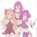  3girls alternate_costume blonde_hair breasts cleavage closed_eyes ereshkigal_(fate) facial_mark fate/grand_order fate_(series) fgo39625963 forehead forehead_mark highres matou_sakura medusa_(fate) midriff multiple_girls parvati_(fate) purple_eyes purple_hair red_eyes simple_background swimsuit twintails upper_body white_background 