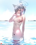  1girl animal_ears blue_archive blue_eyes blue_halo breasts closed_mouth completely_nude cowboy_shot cross_hair_ornament extra_ears grey_hair hair_ornament halo medium_breasts medium_hair nipples nude shiroko_(blue_archive) shiroko_(swimsuit)_(blue_archive) solo sydus wolf_ears 
