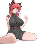  1girl absurdres animal_ears black_bow blunt_bangs bow braid breasts cat_ears covered_navel food hair_bow hand_up highres kaenbyou_rin large_breasts mata_(matasoup) mouth_hold popsicle red_eyes red_hair sitting solo spread_legs touhou twin_braids wariza 
