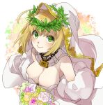  1girl ahoge bare_shoulders blonde_hair blush bouquet breasts chain cleavage detached_collar detached_sleeves fate/extra fate/extra_ccc fate/grand_order fate_(series) flower flower_wreath green_eyes hair_between_eyes hair_intakes head_wreath kino_kokko large_breasts leotard lock long_hair looking_at_viewer nero_claudius_(bride)_(fate) nero_claudius_(bride)_(second_ascension)_(fate) nero_claudius_(fate) padlock puffy_sleeves smilw solo veil white_leotard wide_sleeves zipper_pull_tab 