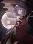  1girl black_headwear bowl bowl_hat closed_mouth commentary english_commentary full_moon hat highres japanese_clothes kimono moon night outdoors purple_eyes purple_hair red_kimono sash shining_needle_castle short_hair solo sukuna_shinmyoumaru touhou zerocf155 